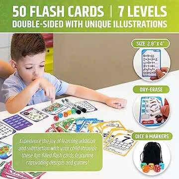 Magnetic Ten Frame Set: 4 Durable Ten-Frames + 50 Colorful Counters + 50 Math Flash Cards + 5 Dice - Addition & Subtraction - Math Manipulatives Kit for Home, Kindergarten & Elementary Teachers