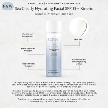 Sonrei Sea Clearly Hydrating Facial SPF 35 + Anti-aging Growth Factor Clear Sunscreen Gel & Primer | Broad Spectrum UV Protection | Water Resistant and Vegan | Non-greasy (1-Pack)