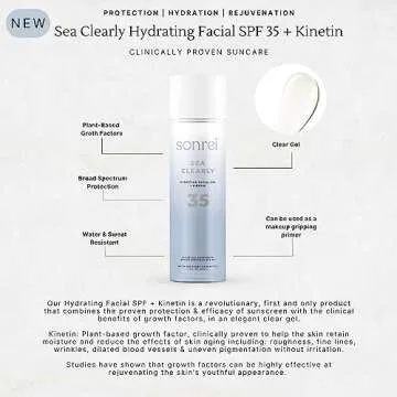 Sonrei Sea Clearly Hydrating Facial SPF 35 + Anti-aging Growth Factor Clear Sunscreen Gel & Primer | Broad Spectrum UV Protection | Water Resistant and Vegan | Non-greasy (1-Pack)