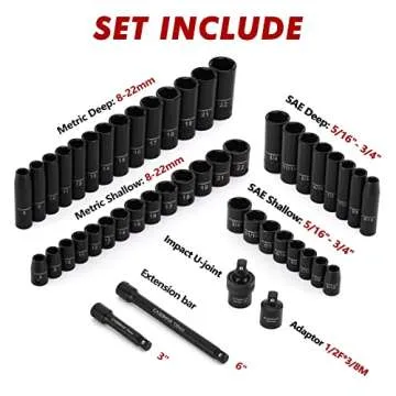 CASOMAN 3/8" Drive Impact Socket Set, 48 Piece Standard SAE and Metric Sizes (5/16-Inch to 3/4-Inch and 8-22 mm), 6 Point, Cr-V Steel Socket Set