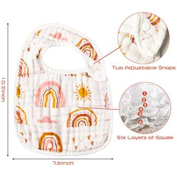 Zainpe 6Pcs Snap Muslin Cotton Bibs for Baby Rainbow Sun Star Adjustable Feeding Bib, Machine Washab...