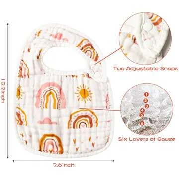 Zainpe 6Pcs Snap Muslin Cotton Bibs for Baby Rainbow Sun Star Adjustable Feeding Bib, Machine Washab...