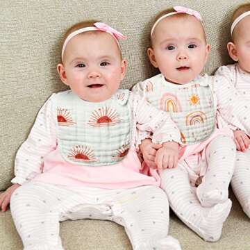 Zainpe 6Pcs Snap Muslin Cotton Bibs for Baby Rainbow Sun Star Adjustable Feeding Bib, Machine Washable Unisex Burp Cloths with 6 Absorbent Soft Layers for Infant Newborn Toddler Drooling Teething