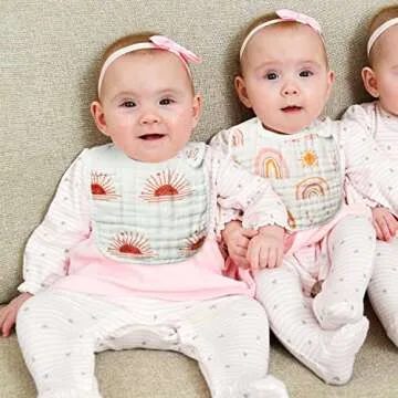 Zainpe 6Pcs Snap Muslin Cotton Bibs for Baby Rainbow Sun Star Adjustable Feeding Bib, Machine Washable Unisex Burp Cloths with 6 Absorbent Soft Layers for Infant Newborn Toddler Drooling Teething