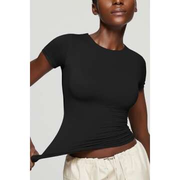 OEAK Womens Summer Short Sleeve Tops Crew Neck Double Lined Tee-Shirts Basic Tees Slim Fit Shirts Cute Y2K Going Out Tops