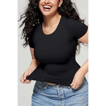 OEAK Womens Summer Short Sleeve Tops Crew Neck Double Lined Tee-Shirts Basic Tees Slim Fit Shirts Cute Y2K Going Out Tops