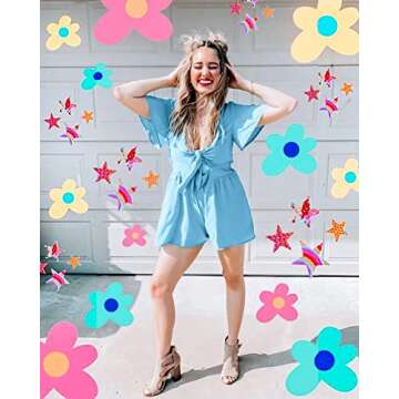 Aoysky Womens Summer Short Rompers Sexy Cute Loose Tie Front Jumpsuit Casual V Neck Wide Leg Beach Overalls