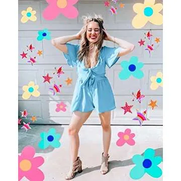 Aoysky Womens Summer Short Rompers Sexy Cute Loose Tie Front Jumpsuit Casual V Neck Wide Leg Beach Overalls