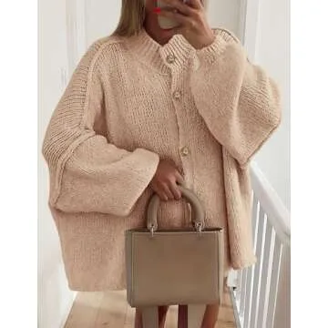 PRETTYGARDEN Women's Winter Button Down Cardigan Sweaters Mock Neck Lantern Long Sleeve Chunky Knit Jacket Trendy Outerwear (Apricot,Large)