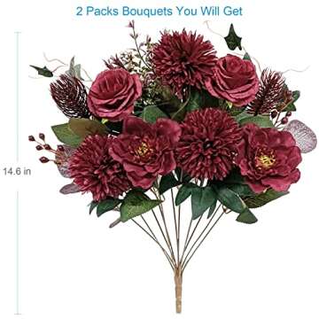 LA.PONEE 24 Heads Premium Artificial Flowers, Burgundy Silk Flower Peony Bouquets, Fake Flowers Rose...