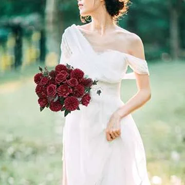 LA.PONEE 24 Heads Premium Artificial Flowers, Burgundy Silk Flower Peony Bouquets, Fake Flowers Roses Decoration, Faux Chrysanthemum Floral Arrangements for Wedding and Home Décor