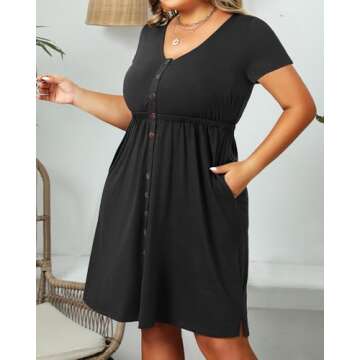 Holipick Womens Plus Size Summer Dresses for Women Casual Sundress Short Sleeve Pockets Aline Swing Button Down V Neck Pure Black