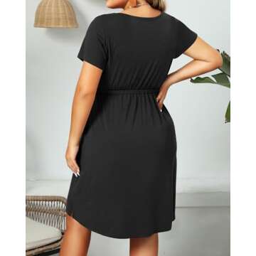 Holipick Womens Plus Size Summer Dresses for Women Casual Sundress Short Sleeve Pockets Aline Swing Button Down V Neck Pure Black
