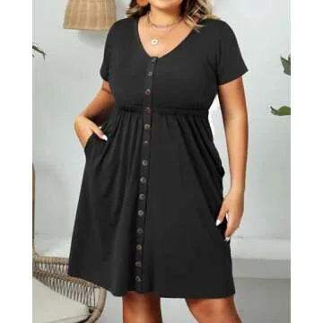 Holipick Womens Plus Size Summer Dresses for Women Casual Sundress Short Sleeve Pockets Aline Swing Button Down V Neck Pure Black