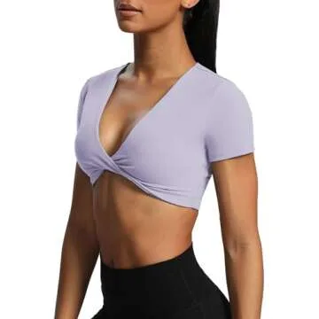 Aoxjox Short Sleeve Crop Tops for Women Sienna Twist Deep V Workout Cropped T Shirt Top (Purple Heather, X-Small)