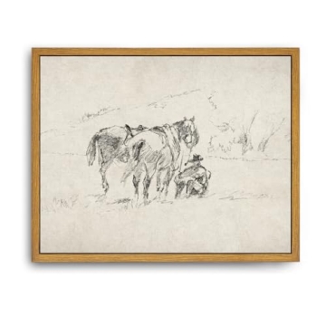 Roslynity Framed Canvas Wall Art Vintage Print Paintings Western Cowboy Horses Sketch Minimalist Neu...