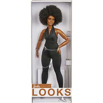 Barbie Signature Looks Doll (Curvy, Brunette) Fully Posable Fashion Doll Wearing Black Jumpsuit, Gift for Collectors