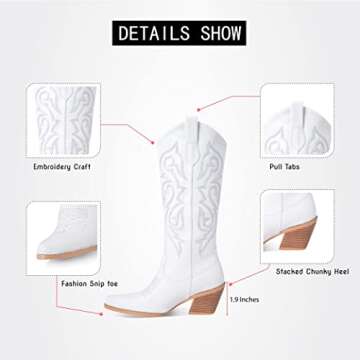 VOMIRA White Cowgirl Boots for Women Pointed Toe Embroidery Cork Heels Pull On Western Boots Retro Knee High White Cowgirl Boots