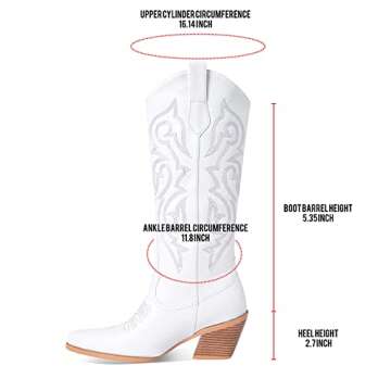 VOMIRA White Cowgirl Boots for Women Pointed Toe Embroidery Cork Heels Pull On Western Boots Retro Knee High White Cowgirl Boots