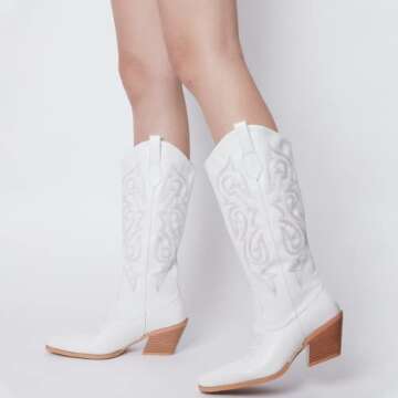 VOMIRA White Cowgirl Boots for Women Pointed Toe Embroidery Cork Heels Pull On Western Boots Retro Knee High White Cowgirl Boots
