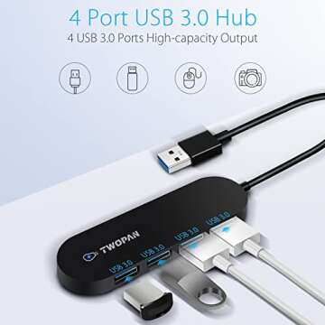 TWOPAN 4-Port USB 3.0 Hub, Ultra Slim USB Multiport Adapter for Laptop, Desktop, Mac, Surface Pro, XPS, Mouse, Keyboard, Flash Drive, U Disk, Printer - Plug and Play, High-Speed Data Transfer