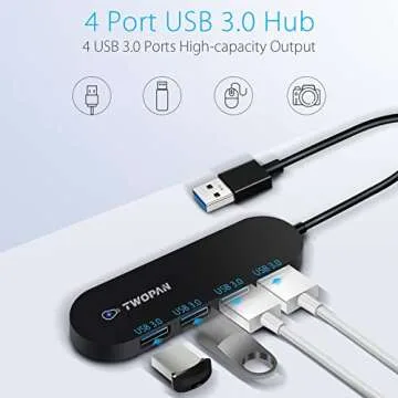 TWOPAN 4-Port USB 3.0 Hub, Ultra Slim USB Multiport Adapter for Laptop, Desktop, Mac, Surface Pro, XPS, Mouse, Keyboard, Flash Drive, U Disk, Printer - Plug and Play, High-Speed Data Transfer