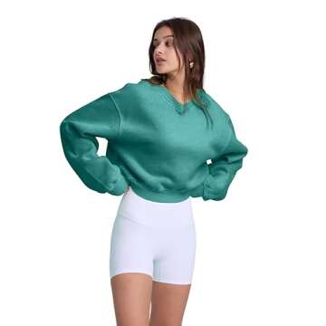 Hatant Sweatshirt for Women Acid Wash Athletic Hoodies Heritage Fleece V-neck Long Sleeve Hoodie Y2K Crop Pullover Women Sweatshirt Cotton Fleece Lined Hoodies Workout Pullover Shirt Emerald Green-L