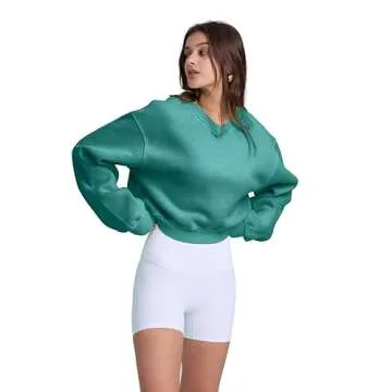 Hatant Sweatshirt for Women Acid Wash Athletic Hoodies Heritage Fleece V-neck Long Sleeve Hoodie Y2K Crop Pullover Women Sweatshirt Cotton Fleece Lined Hoodies Workout Pullover Shirt Emerald Green-L