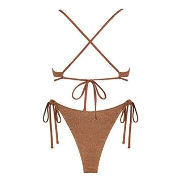 ZAFUL Women's Bikini Set for Women Cutout Sparkly Bikini Tie Side Two Piece Swimsuit Criss Cross Bathing Suit(S,Sparkly-Coffee)
