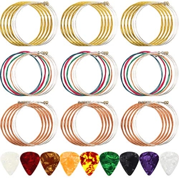 9 Sets of 6 Acoustic Guitar Strings Replacement Steel Guitar Strings (Gold, Brass, Multicolor) with ...