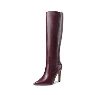 MODENCOCO Women's Burgundy 4 Inch Knee High Pointed Toe High Heel Leather Slip On Matte Block Boots ...
