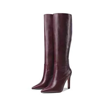 MODENCOCO Women's Burgundy 4 Inch Knee High Pointed Toe High Heel Leather Slip On Matte Block Boots Size 5 - Sapatos de Mujer de Tacon Bajo