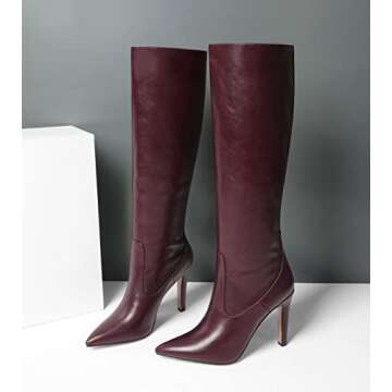 MODENCOCO Women's Burgundy 4 Inch Knee High Pointed Toe High Heel Leather Slip On Matte Block Boots Size 5 - Sapatos de Mujer de Tacon Bajo