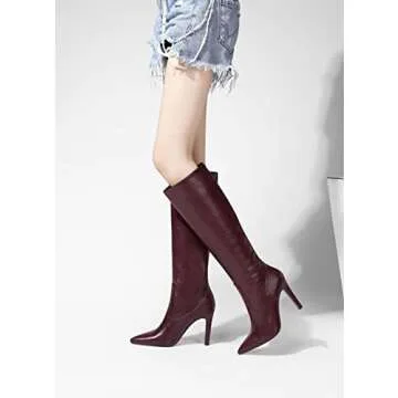 MODENCOCO Women's Burgundy 4 Inch Knee High Pointed Toe High Heel Leather Slip On Matte Block Boots Size 5 - Sapatos de Mujer de Tacon Bajo