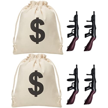 6 Pcs Inflatable Gun Props Canvas Money Bag Pouch Set for 1920s Parties