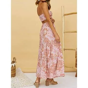 ZESICA Women's 2024 Summer Plaid Flower Elastic High Waist Flowy A Line Maxi Skirt with Pockets,PinkBrown,Large