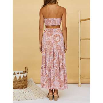 ZESICA Women's 2024 Summer Plaid Flower Elastic High Waist Flowy A Line Maxi Skirt with Pockets,PinkBrown,Large