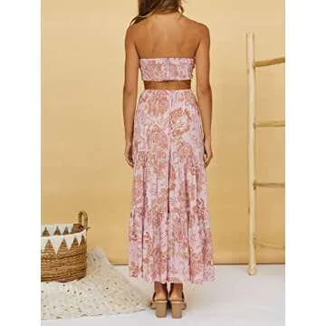 ZESICA Women's 2024 Summer Plaid Flower Elastic High Waist Flowy A Line Maxi Skirt with Pockets,PinkBrown,Large
