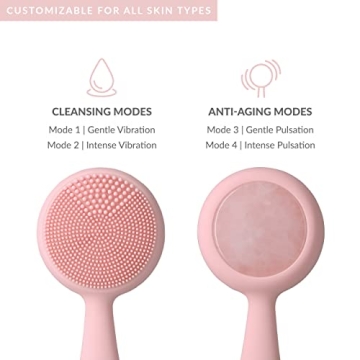 PMD Clean Pro RQ - Smart Facial Cleansing Device with Silicone Brush & Rose Quartz Gemstone ActiveWarmth Anti-Aging Massager - Waterproof - SonicGlow Vibration - Clear Pores & Blackheads