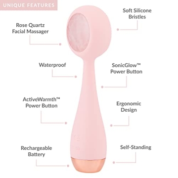 PMD Clean Pro RQ - Smart Facial Cleansing Device with Silicone Brush & Rose Quartz Gemstone ActiveWarmth Anti-Aging Massager - Waterproof - SonicGlow Vibration - Clear Pores & Blackheads