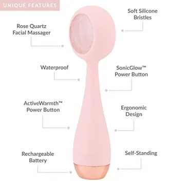 PMD Clean Pro RQ - Smart Facial Cleansing Device with Silicone Brush & Rose Quartz Gemstone ActiveWarmth Anti-Aging Massager - Waterproof - SonicGlow Vibration - Clear Pores & Blackheads
