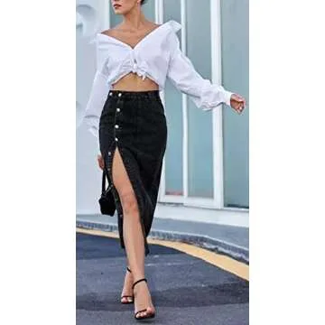 High Waisted Button Up Denim Skirt for Women