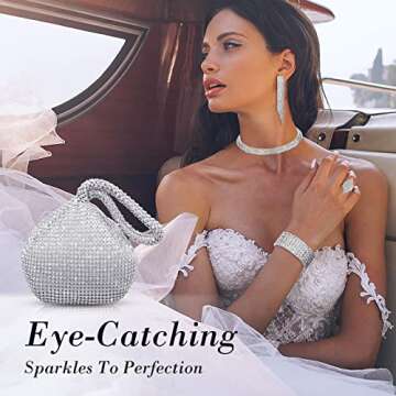 5 Pcs Women Crystal Jewelry Set Wedding Triangle Bling Evening Clutch Bag Glitter Rhinestone Stretch...