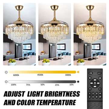 42 Inch Chandelier Ceiling Fan Modern Crystal Ceiling Fan with Lights Remote Control 6 Speed 3 Color...