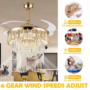 42 Inch Chandelier Ceiling Fan Modern Crystal Ceiling Fan with Lights Remote Control 6 Speed 3 Color Dimmable Silent Luxury Fandelier with Retractable Blades for Living Room Bedroom Decoration Gold