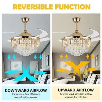 42 Inch Chandelier Ceiling Fan Modern Crystal Ceiling Fan with Lights Remote Control 6 Speed 3 Color Dimmable Silent Luxury Fandelier with Retractable Blades for Living Room Bedroom Decoration Gold