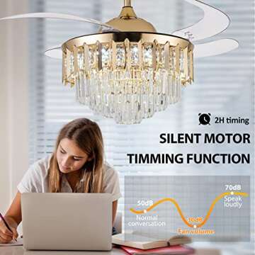 42 Inch Chandelier Ceiling Fan Modern Crystal Ceiling Fan with Lights Remote Control 6 Speed 3 Color Dimmable Silent Luxury Fandelier with Retractable Blades for Living Room Bedroom Decoration Gold