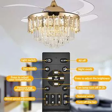 42 Inch Chandelier Ceiling Fan Modern Crystal Ceiling Fan with Lights Remote Control 6 Speed 3 Color Dimmable Silent Luxury Fandelier with Retractable Blades for Living Room Bedroom Decoration Gold