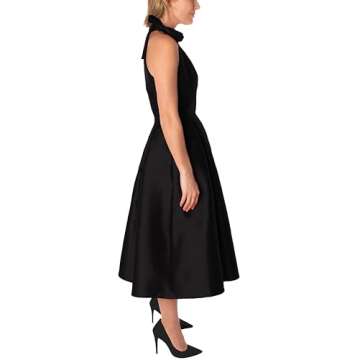 Maison Tara Women's Sleeveless Satin Twill Halter Tie Neck Midi Dress, Black