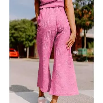 SeeLuNa Women's 2 Piece Outfits Textured Sweatsuit 3/4 Batwing Sleeve Crew Neck Pullover Top Wide Leg Pant Tracksuit Set(Pink,L)